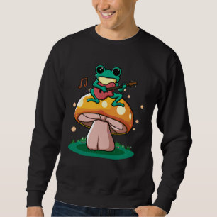 Cute Japanese frog playing guitar banjo on a mushr Sweatshirt