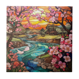 cute Japanese Garden faux stained glass Tile