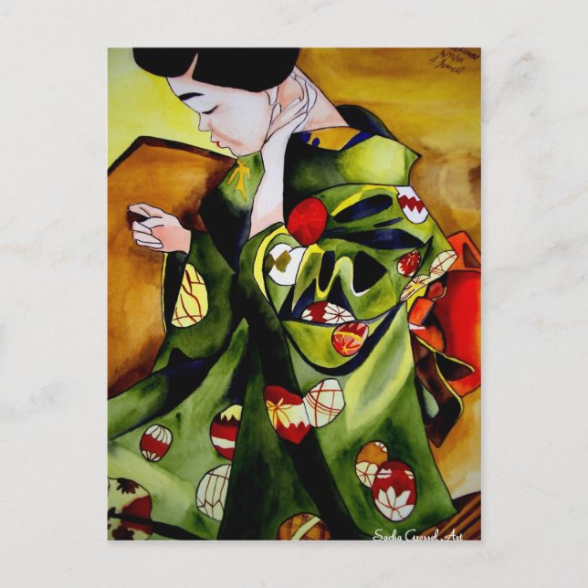 Cute Japanese Geisha original watercolor art Postcard (Front)