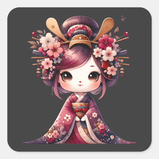 Cute Japanese Geisha Square Sticker (Front)