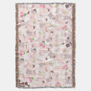 Cute Japanese Kawaii Bunny and Pink Gingham Checke Throw Blanket