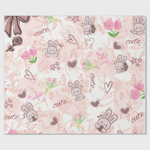 Cute Japanese Kawaii Bunny and Pink Gingham Checke Wrapping Paper