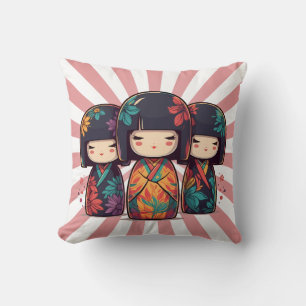 Cute Japanese Kokeshi Dolls Throw Pillow