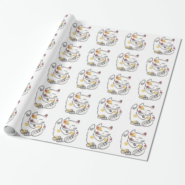 Cute Japanese Lucky Cat Art Wrapping Paper (Unrolled)