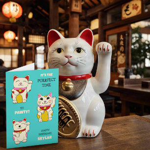 Cute Japanese Maneki Neko Cat Birthday Card