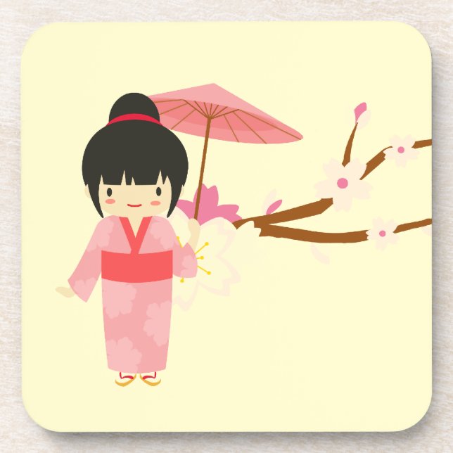 Cute Japanese pink Cherry Blossom Geisha Coaster (Front)