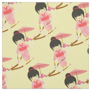 Cute Japanese pink Cherry Blossom Geisha Fabric