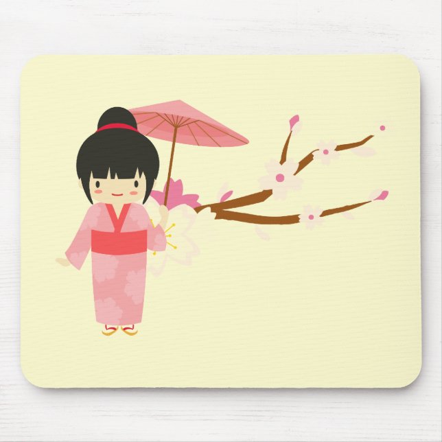 Cute Japanese pink Cherry Blossom Geisha Mouse Pad (Front)