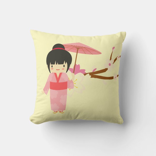 Cute Japanese pink Cherry Blossom Geisha Throw Pillow (Front)