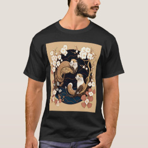 Cute Japanese Style Otter Yin Yang Otter Cherry Bl T-Shirt