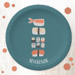 Cute Japanese Sushi Custom Name Paper Plate<br><div class="desc">Delicious sushi,  nigiri and maki roll Japanese food design. Personalize by changing or removing the name.  Original art by Nic Squirrell.</div>
