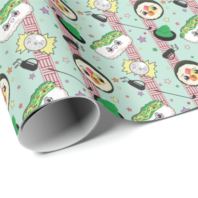 Cute Japanese Sushi Lover Golfing Pattern  Wrapping Paper (Roll Corner)