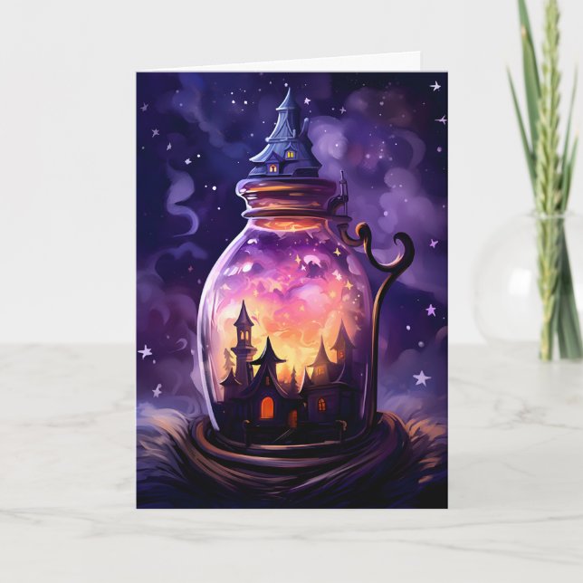 Cute Jar House Illustration Halloween Card (Front)