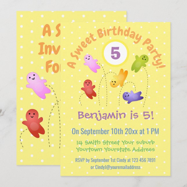 Cute jelly babies candy sweets cartoon invitation (Front/Back)