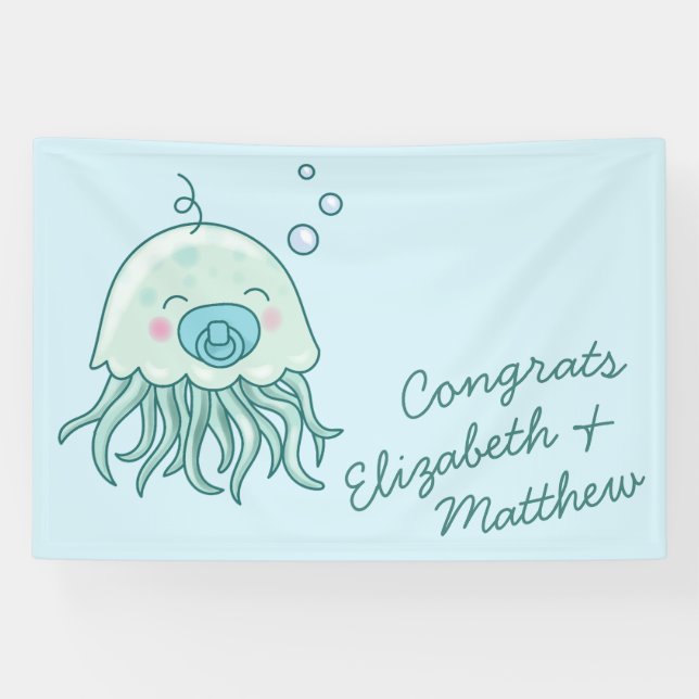 Cute Jellyfish Baby Shower Kawaii Blue Boy Banner (Horizontal)