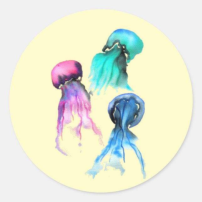 Cute jellyfish trio watercolor art classic round sticker (Front)