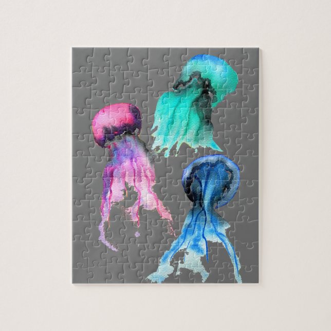 Cute jellyfish trio watercolor art jigsaw puzzle (Vertical)
