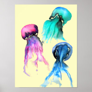 Cute jellyfish trio watercolor art poster