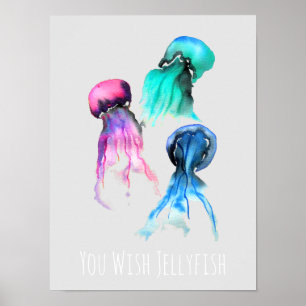 Cute jellyfish trio watercolor art poster