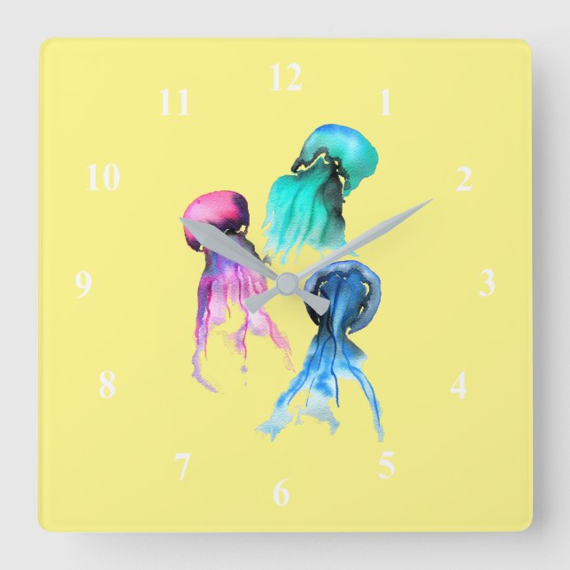 Cute jellyfish trio watercolor art square wall clock (Front)