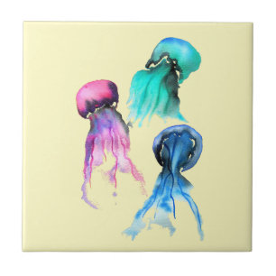 Cute jellyfish trio watercolor art tile