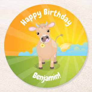 Cute Jersey cow personalised birthday Round Paper Coaster