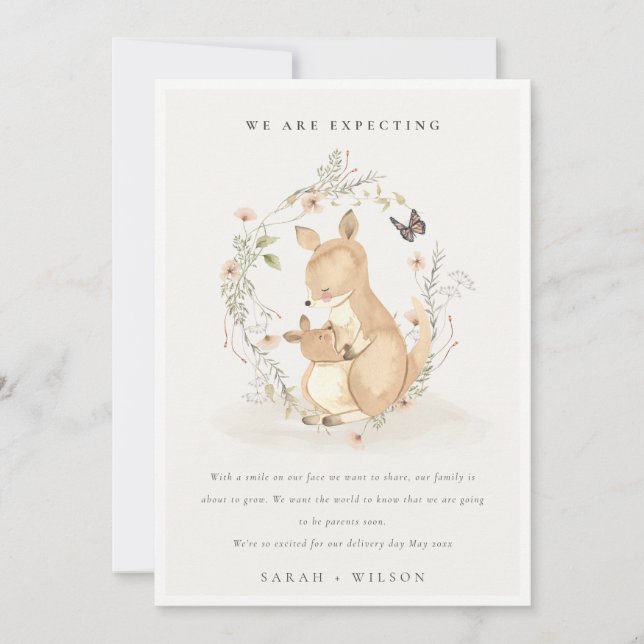 Cute Joey Mama Kangaroo Floral Wreath Baby Announcement (Front)