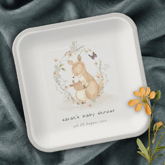 Cute Joey Mama Kangaroo Floral Wreath Baby Shower Paper Plate