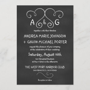 Cute Joined Hearts Chalkboard Wedding Invitations