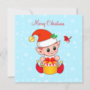 Cute Jolly Christmas elf & cardinal bird