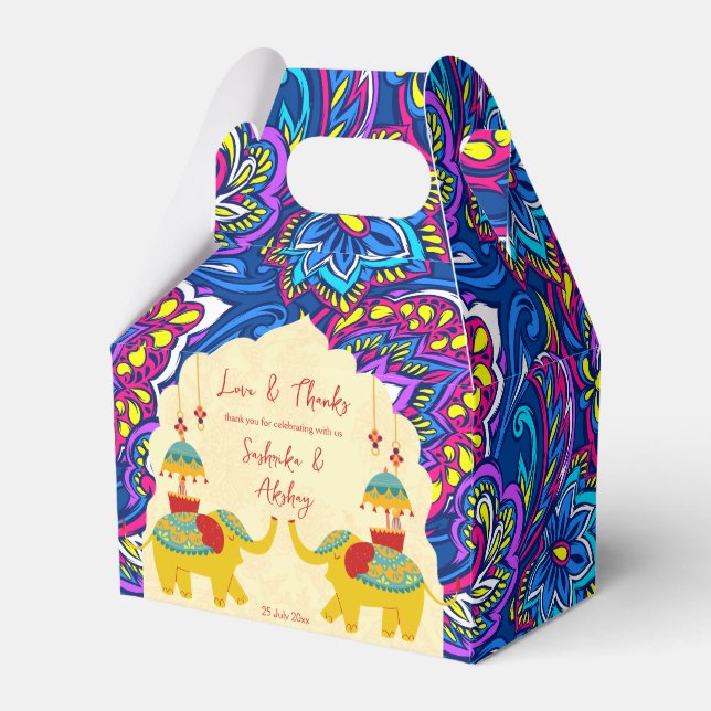 Cute jolly Indian wedding elephants yellow blue Favor Box (Front Side)