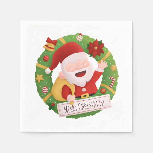 Cute Jolly Santa Claus Xmas Wreath Party Napkins (Front)