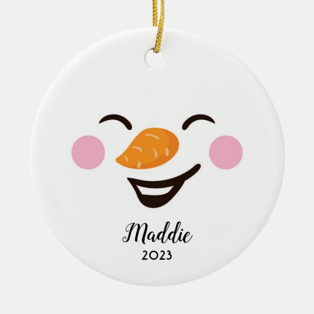 Cute, jolly snowman face personalized name, year ceramic ornament (Front)
