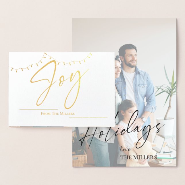 Cute Joy Photo Family Name String Light Christmas Foil Card (Display)