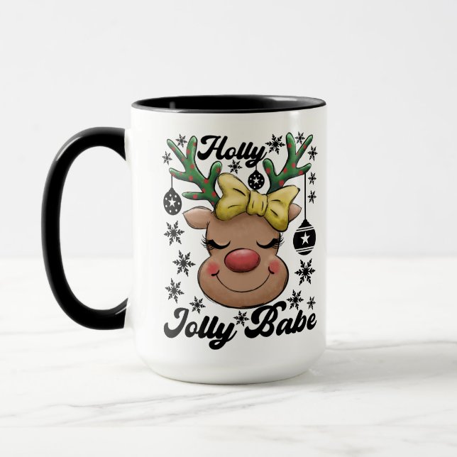 Cute & Joyful Holly Jolly Babe Christmas Reindeer Mug (Left)