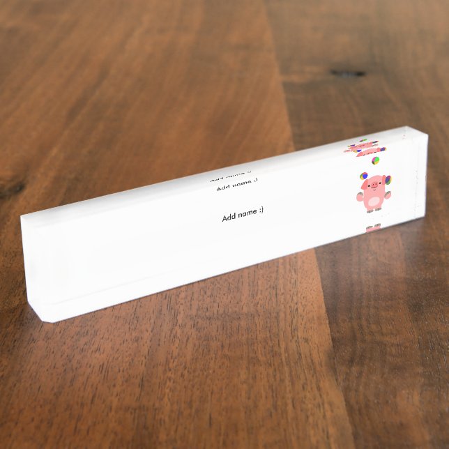 Cute Juggling Cartoon Pig Desk Nameplate (Side)