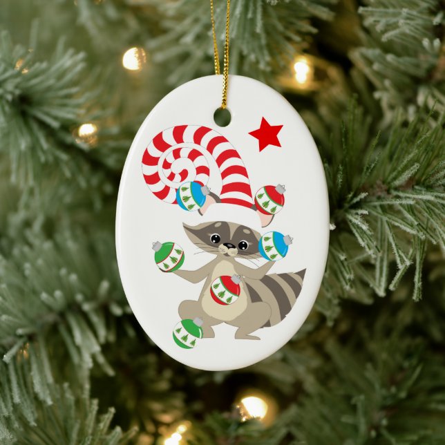Cute Juggling Raccoon Kids Christmas Ceramic Ornament (Tree)