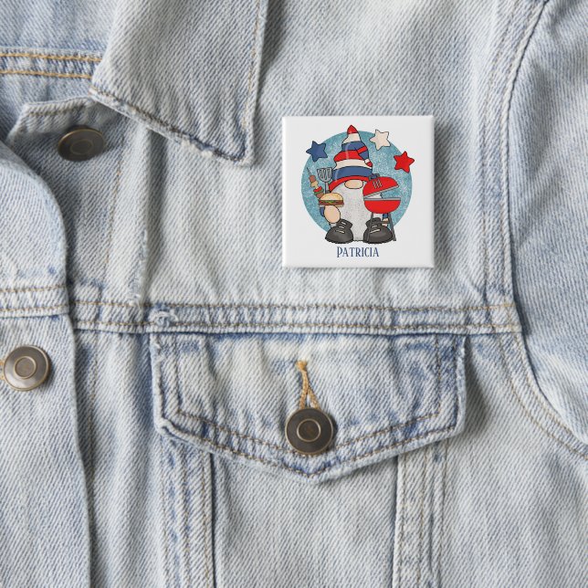 cute July Fourth bbq gnome cookout add name  2 Inch Square Button (In Situ)