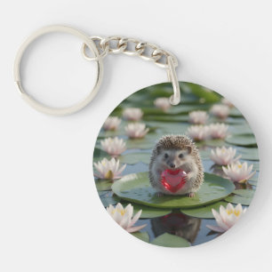 Cute July Hedgehog with Ruby Heart Keychain