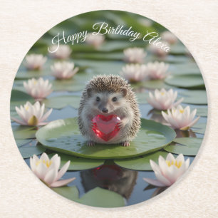 Cute July Hedgehog with Ruby Heart Round Paper Coaster