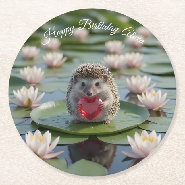 Cute July Hedgehog with Ruby Heart Round Paper Coaster (Front)