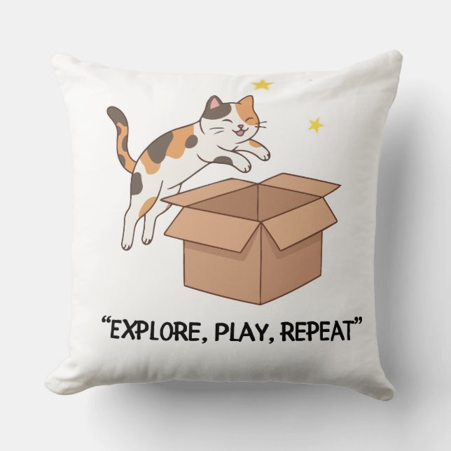 Cute Jumping Cat Pillow – Explore, PlaThrow Pillow (Front)