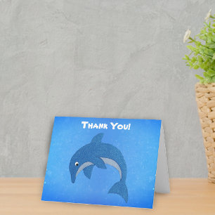 Cute Jumping Glitter Like Cartoon Blue Dolphin  Thank You Card