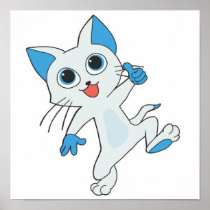CUTE JUMPING LIGHT CYAN KITTEN WITH BLUE EYES,EARS POSTER