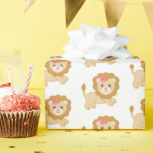 Cute jumping lion with pink bow wrapping paper