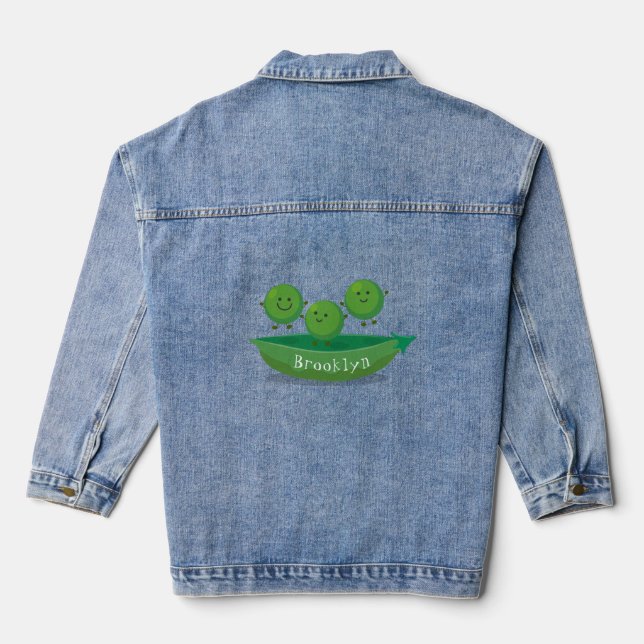 Cute jumping peas in pod cartoon illustration denim jacket (Back)