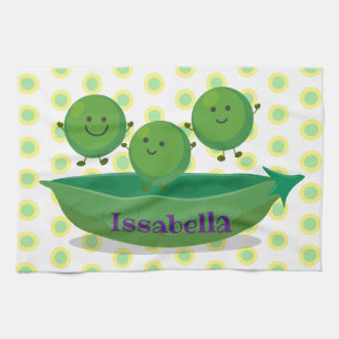 Cute jumping peas in pod cartoon illustration kitchen towel