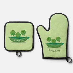 Cute jumping peas in pod cartoon illustration oven mitt & pot holder set