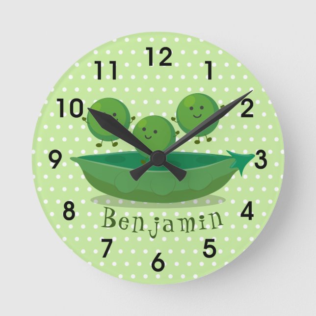 Cute jumping peas in pod cartoon illustration round clock (Front)