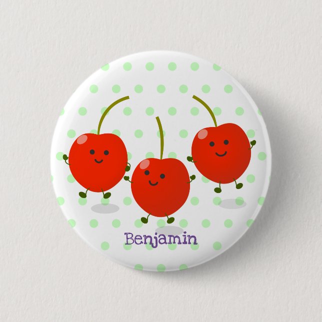 Cute jumping red cherries cartoon illustration 2 inch round button (Front)